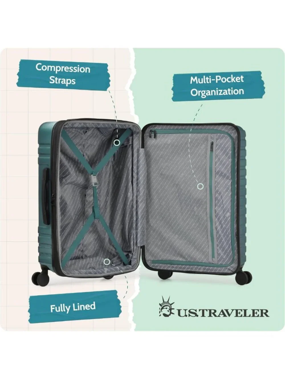 Expandable Hardside Travel Luggage with 8 Spinner Wheels, Teal, Large 30-Inch